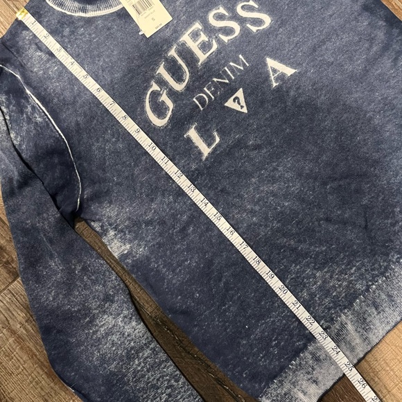 Guess Mason Men’s Long Sleeve Distressed Crewneck Navy Blue Logo Sweater - Picture 8 of 11